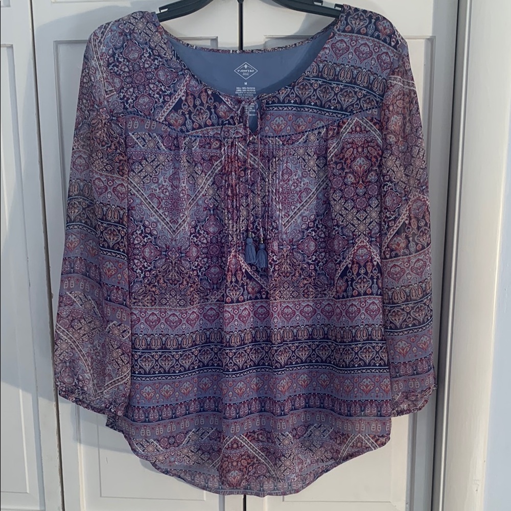 St. John's Bay Purple & Blue Paisley Print 3/4 Sleeve Tie Front Blouse EUC